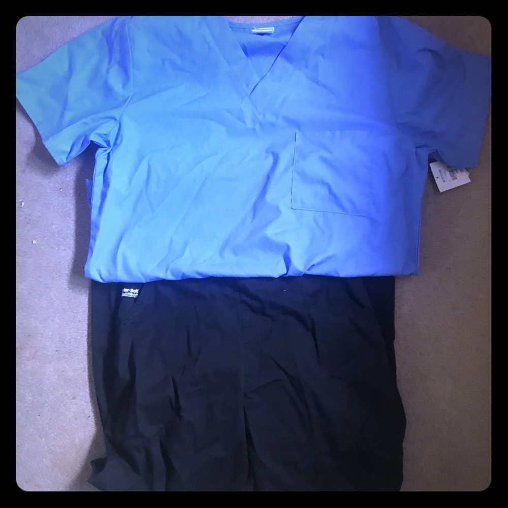 Blue scrubs top and black pants - Top is NEW